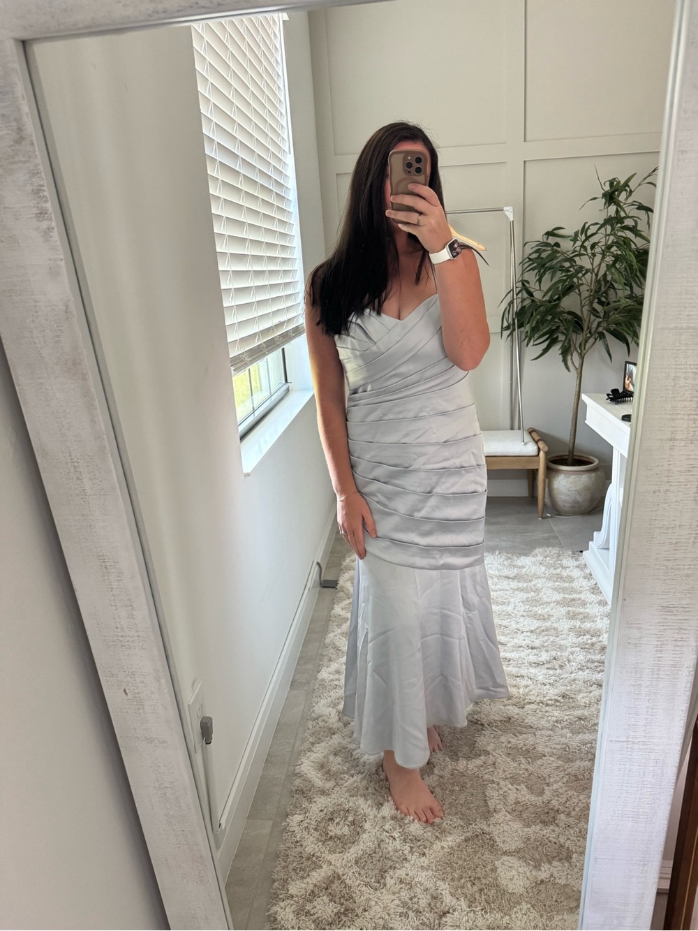 David's Bridal Silver Strapless Ruched Mermaid Gown